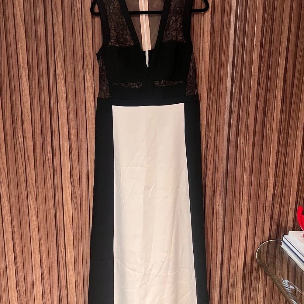BCBGMaxAzria Black and White Maxi Dress with Lace Bodice